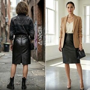 Minimalist Black Real Leather Midi Skirt XS Edgy Street Chic Biz Casual